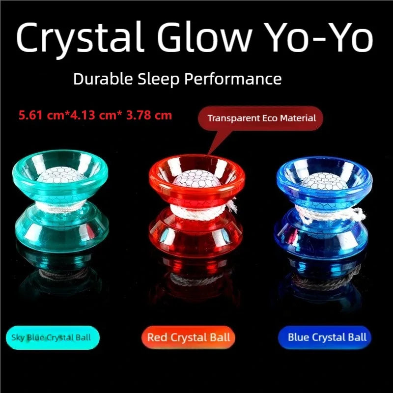 Crystal Glow Yo-Yo featuring transparent eco material with blue, red, and blue crystal balls.
