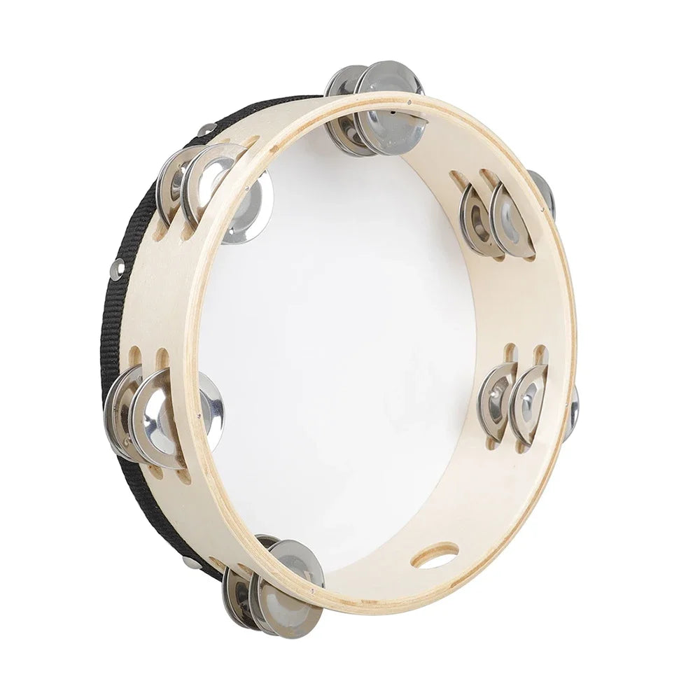 An 8-inch wooden tambourine with jingle bells for kids, viewed from above.