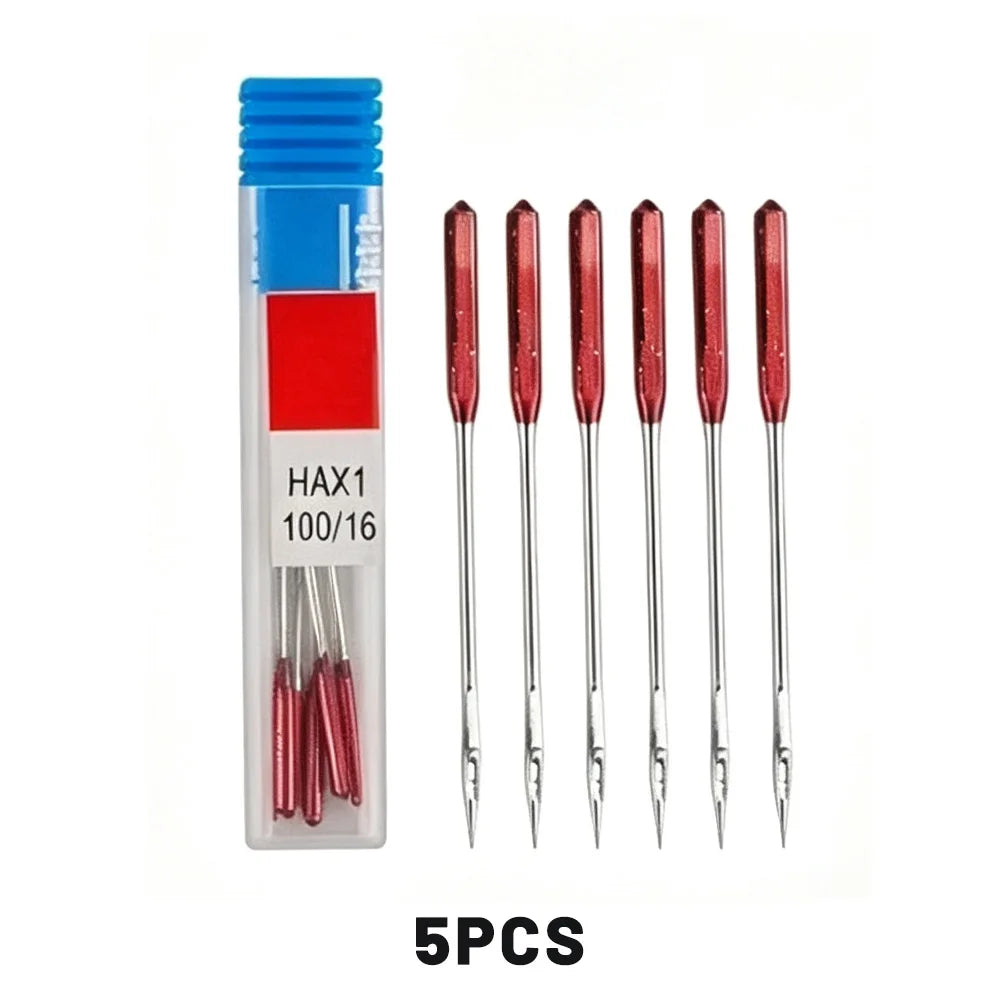 A pack of 5 anti-skip sewing machine needles in a clear plastic case with red and blue accents.