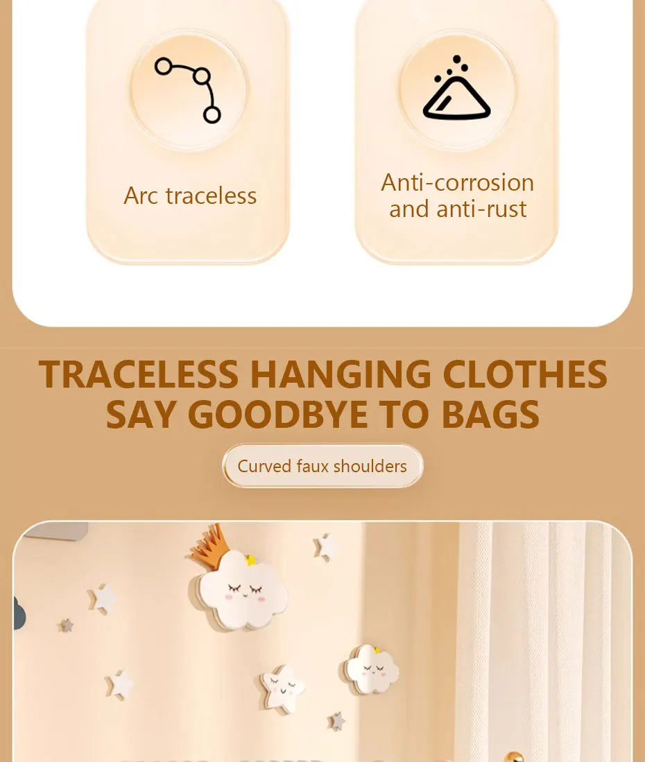 A set of ten traceless hanging clothes hangers with curved faux shoulders for baby clothes.