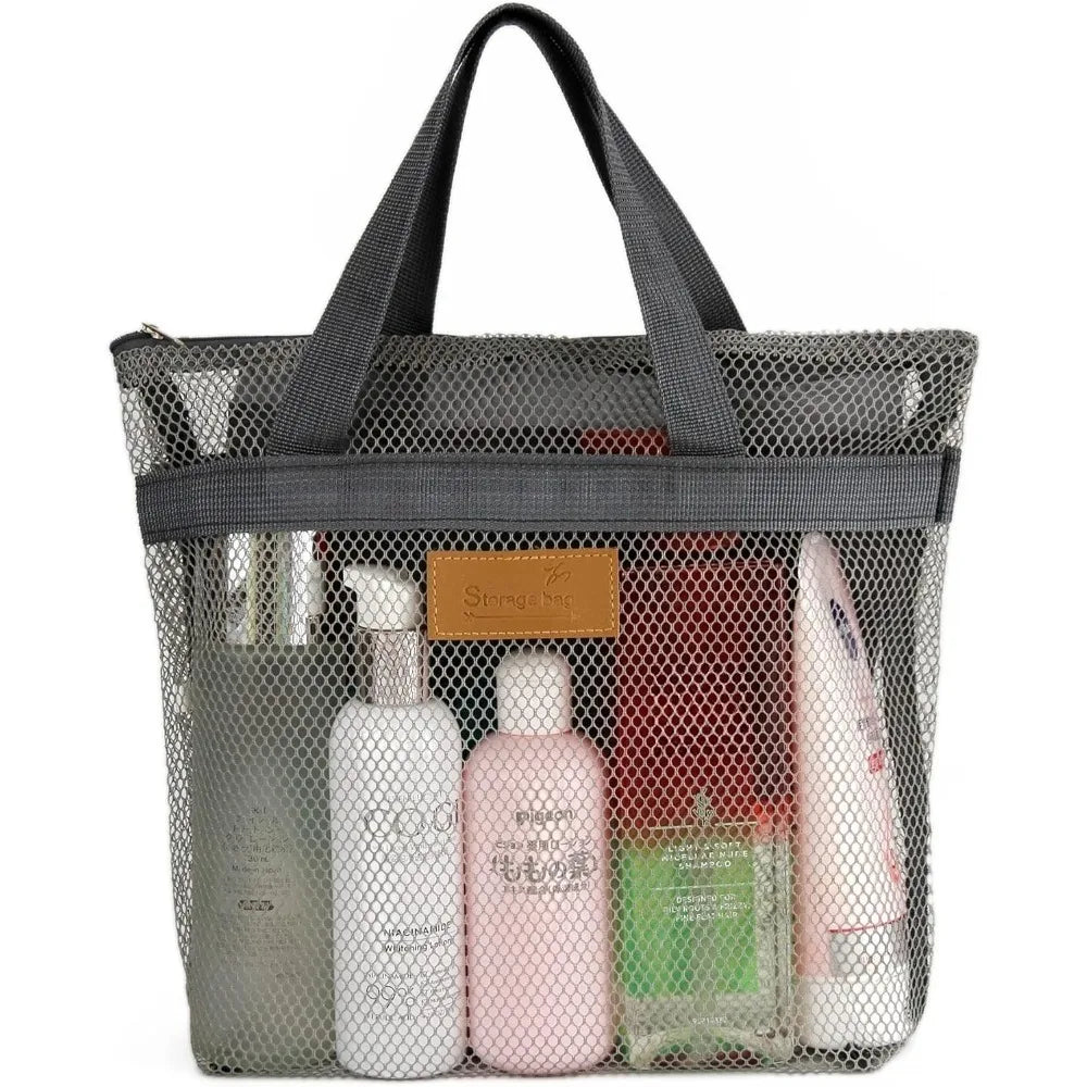 A mesh hanging toiletry bag with various personal care products inside.