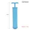 A light blue vacuum storage bag with a valve, used for space-saving clothes organization.