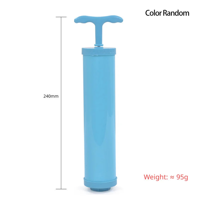A light blue vacuum storage bag with a valve, used for space-saving clothes organization.