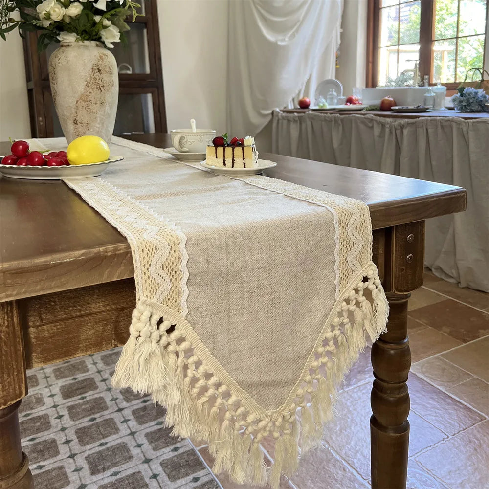 Handcrafted Macrame Lace Table Runner with Tassels – Beige