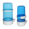 A blue hanging bird feeder and water dispenser with white components.