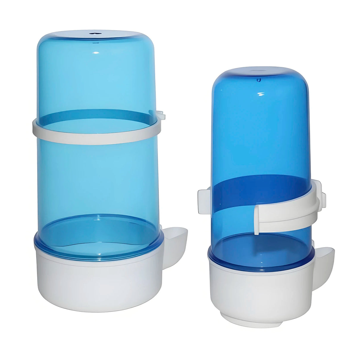 A blue hanging bird feeder and water dispenser with white components.
