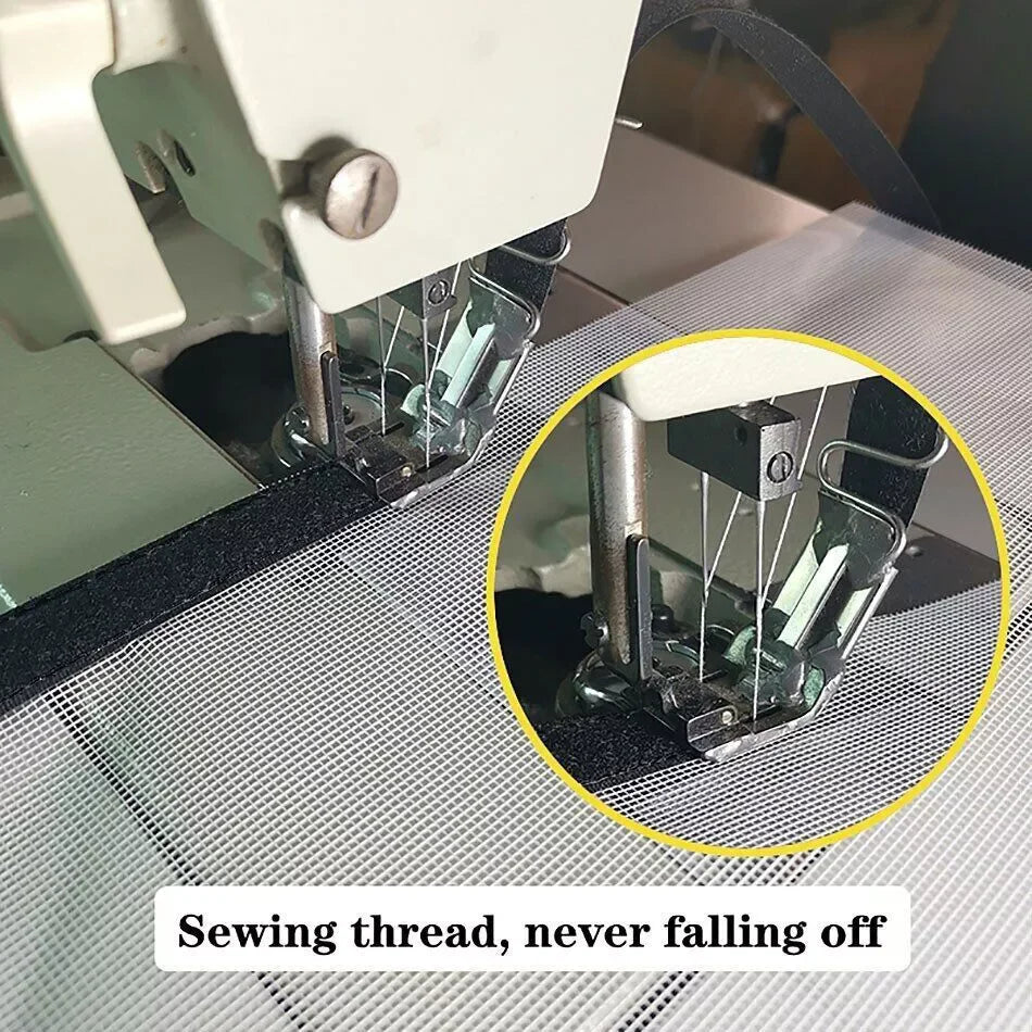 Close-up view of sewing thread being used on a window mosquito net screen.