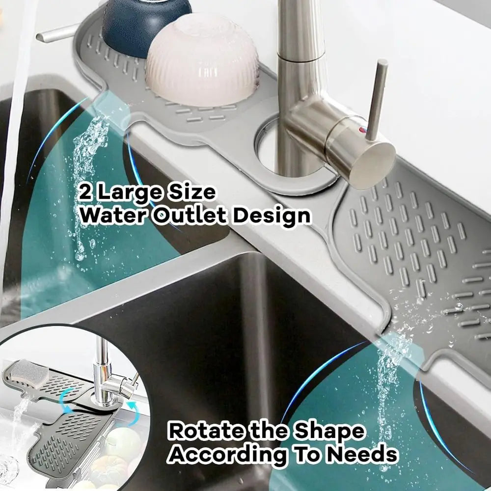 A silicone sink faucet mat with a rotatable splash guard is shown in a kitchen sink.