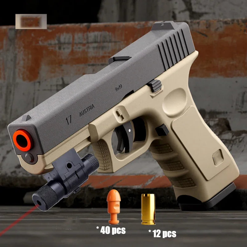 A tan pistol is shown with a detachable barrel and various colored shells, including orange and gold ones.