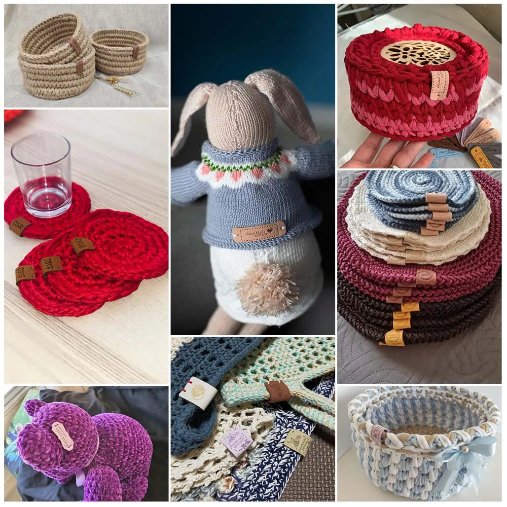 A collection of 20 heart-shaped leather sew-on labels for clothing, hats, and DIY crafts in various colors.