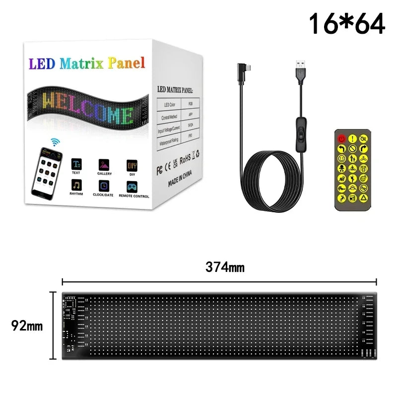 A flexible LED matrix panel with a welcome message and control buttons, along with a USB cable and remote control.