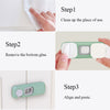 Three steps showing how to install child safety cabinet locks for drawers and refrigerator.