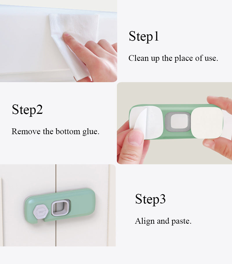 Three steps showing how to install child safety cabinet locks for drawers and refrigerator.