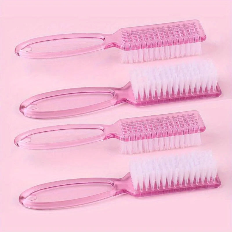 A set of pink nail art brushes with long handles and white bristles displayed on a light pink background.