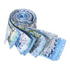 Rolls of 40 floral cotton fabric strips for quilting and patchwork in blue and white patterns