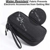 Black water resistant fabric pouch with a clear plastic window and a separate silicone cover for protecting electronic access