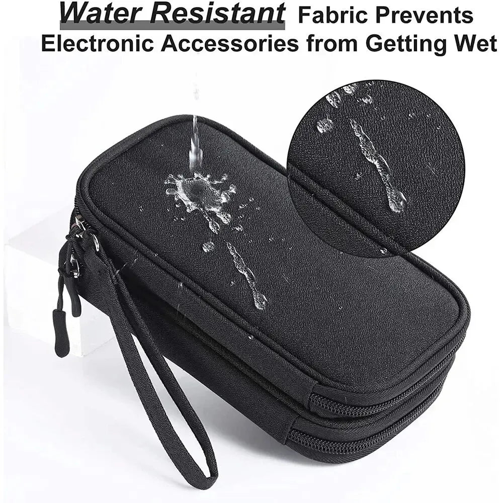 Black water resistant fabric pouch with a clear plastic window and a separate silicone cover for protecting electronic access