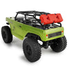 Lime green RC crawler vehicle with a black roll cage and red tool box.