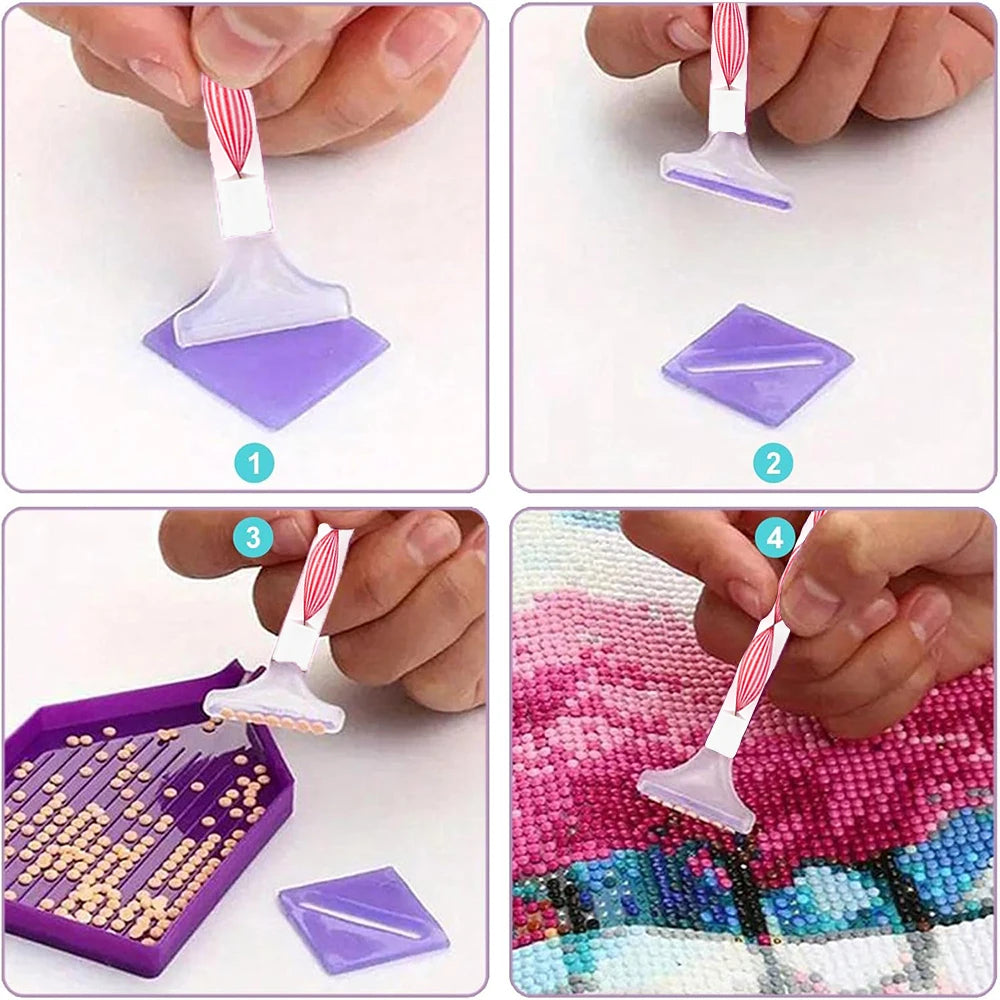 Diamond painting accessory kit showing tools, storage box, and a finished piece on fabric.