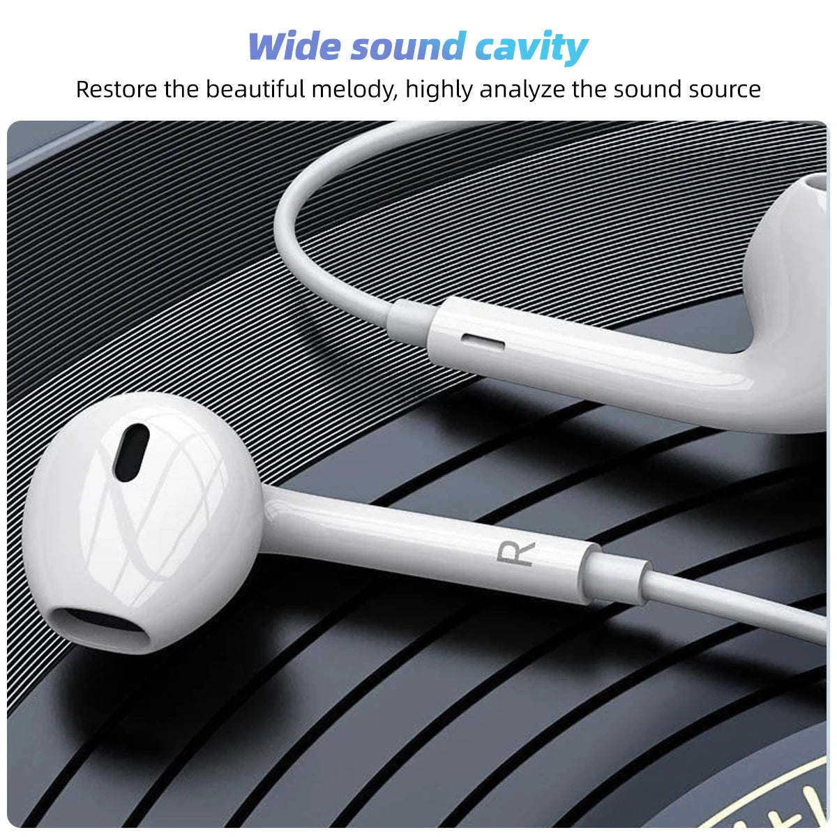 White USB-C wired earphones with an inline microphone shown against a dark background.