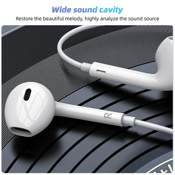 White USB-C wired earphones with an inline microphone shown against a dark background.