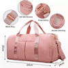 Pink nylon gym and travel duffel bag with a shoe compartment showing various features like a soft net bracket and double stit