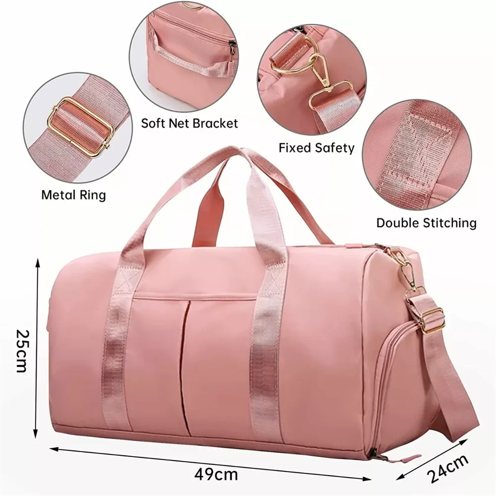 Pink nylon gym and travel duffel bag with a shoe compartment showing various features like a soft net bracket and double stit