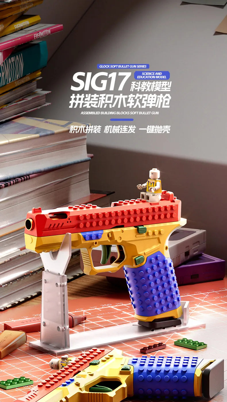 Continuous Fire Building Block Pistol with Ejecting Shells