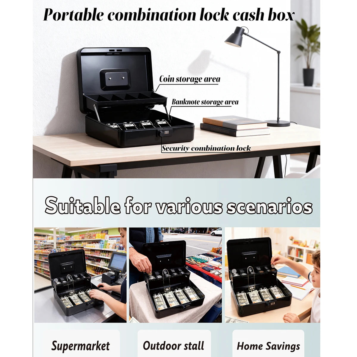 A portable combination lock cash box with coin and banknote storage areas shown on a table.