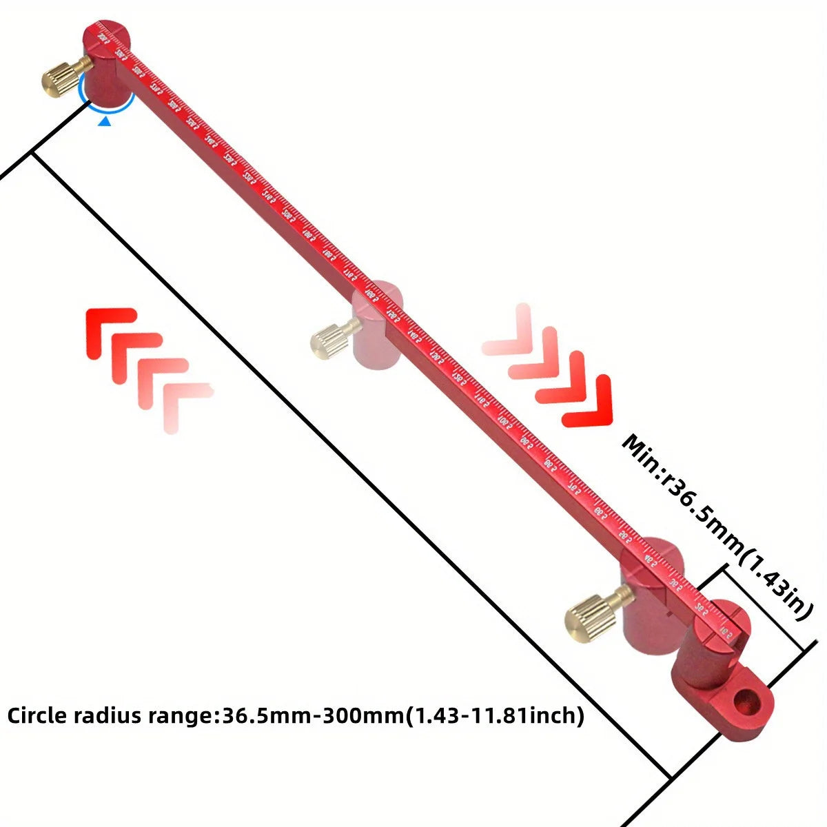 A red aluminum circle drawing ruler and center finder measuring 300mm with a radius range of 36.5mm to 300mm.
