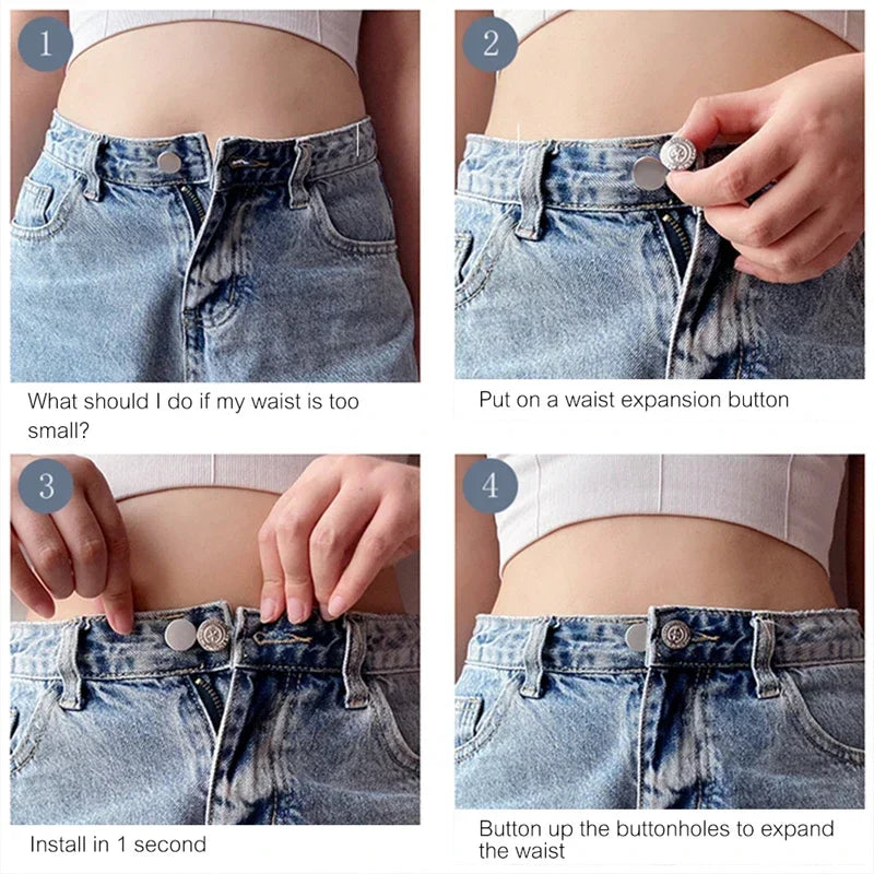 Demonstration of installing metal buttons to expand the waist of denim jeans.