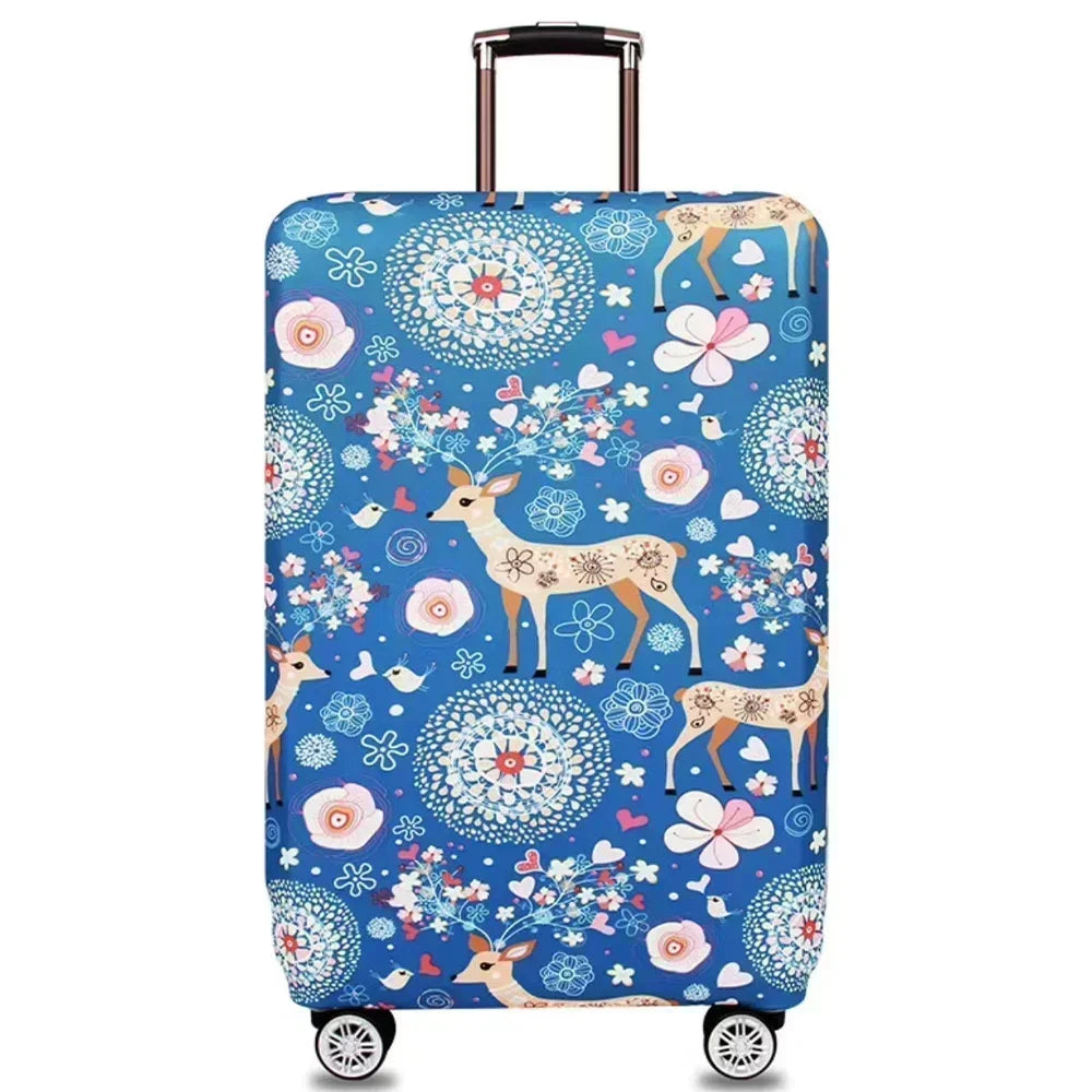 A blue suitcase with a floral pattern and a rolling luggage handle.