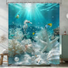Ocean life shower curtain featuring a vibrant coral reef and seahorse design under blue water light