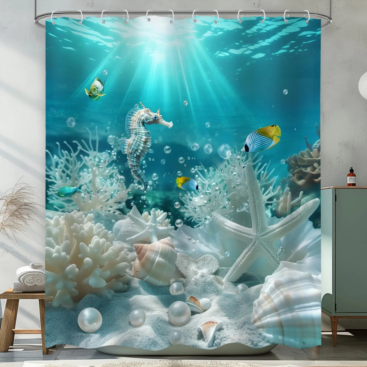 Ocean life shower curtain featuring a vibrant coral reef and seahorse design under blue water light