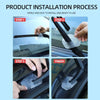 Three steps showing the installation process of universal silicone windshield wiper arm hole covers on a car.