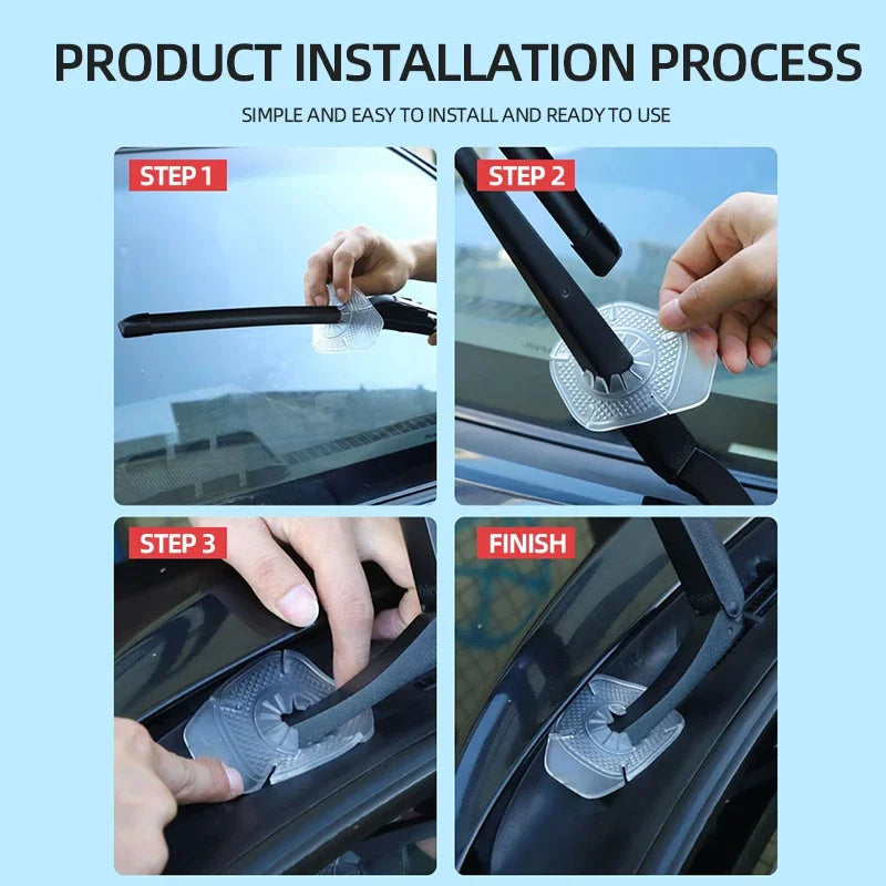 Three steps showing the installation process of universal silicone windshield wiper arm hole covers on a car.