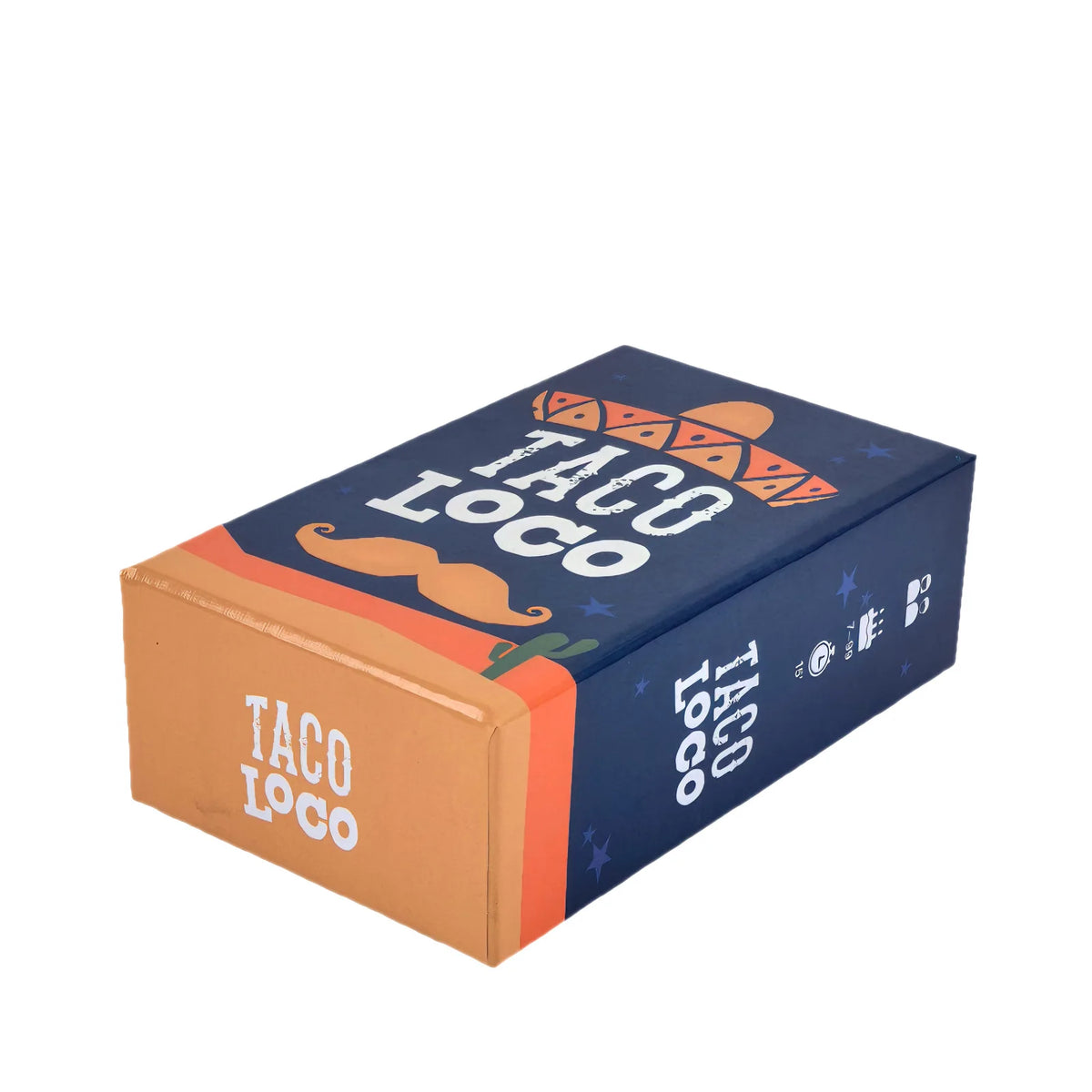 A box for the Taco Loco card game featuring a blue and orange design.