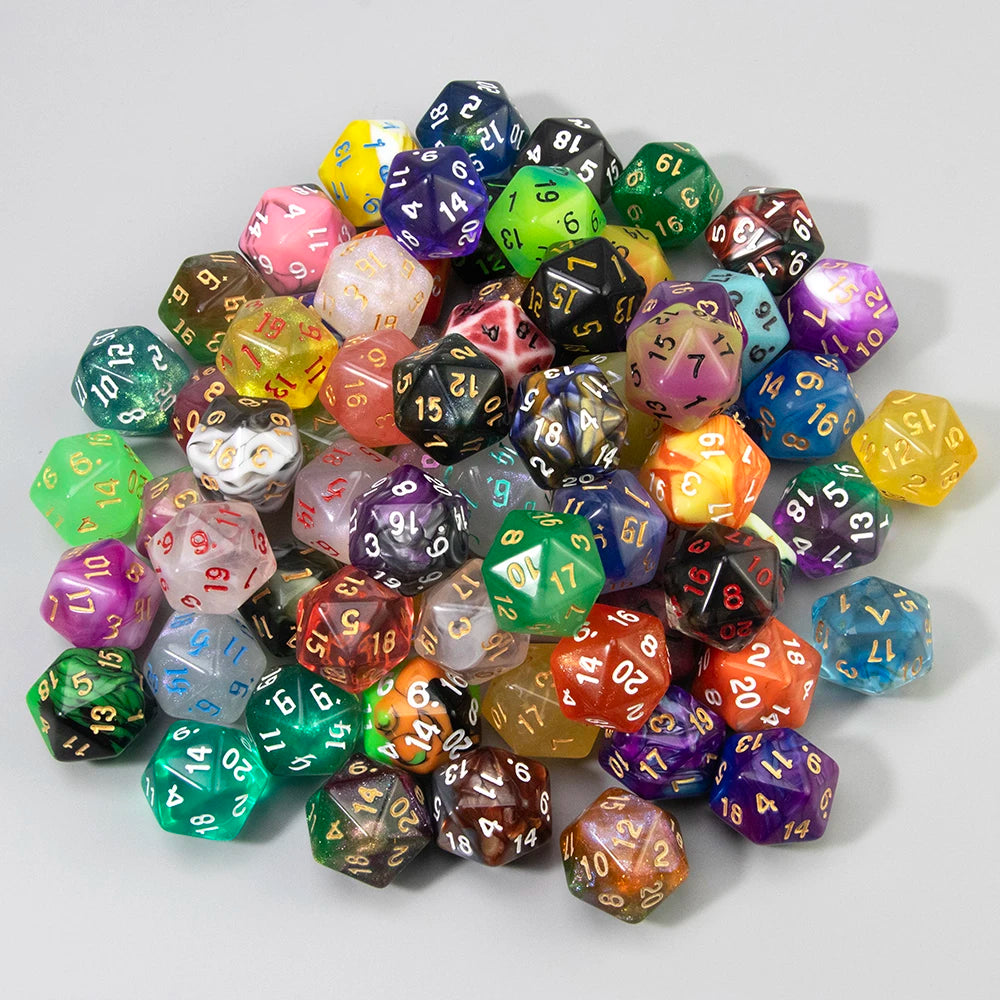 A pile of ten polyhedral dice in various colors and shapes for tabletop role-playing games