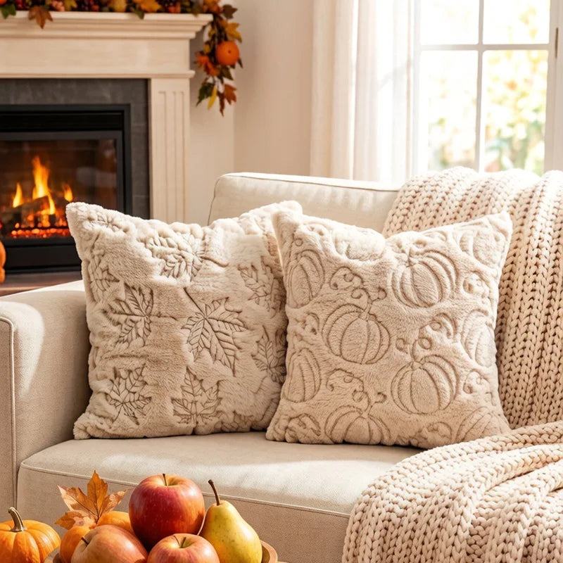 A collection of cream-colored plush throw pillow covers featuring autumn pumpkin and maple leaf designs.