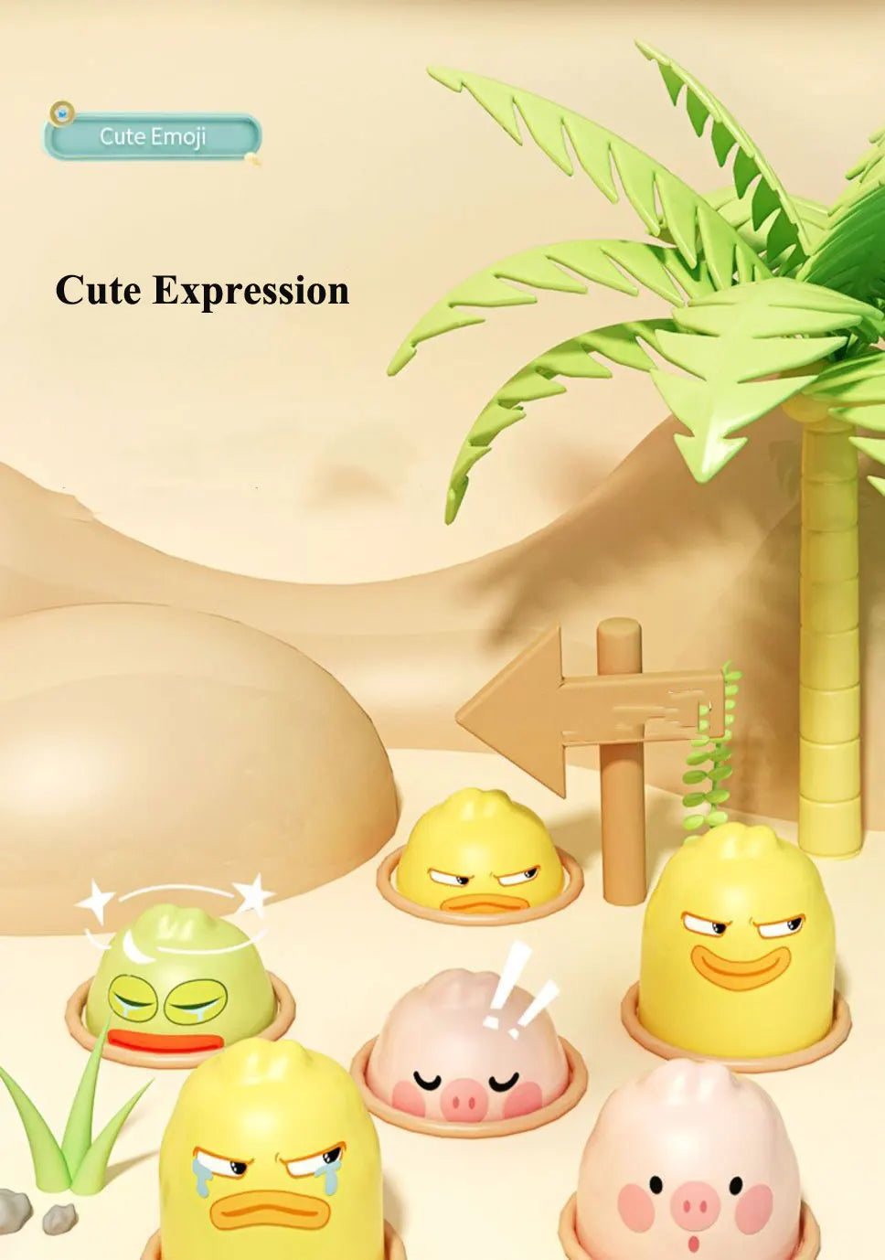 A collection of cute expression toys shaped like a duck, frog, and pig, featuring yellow and pink colors.