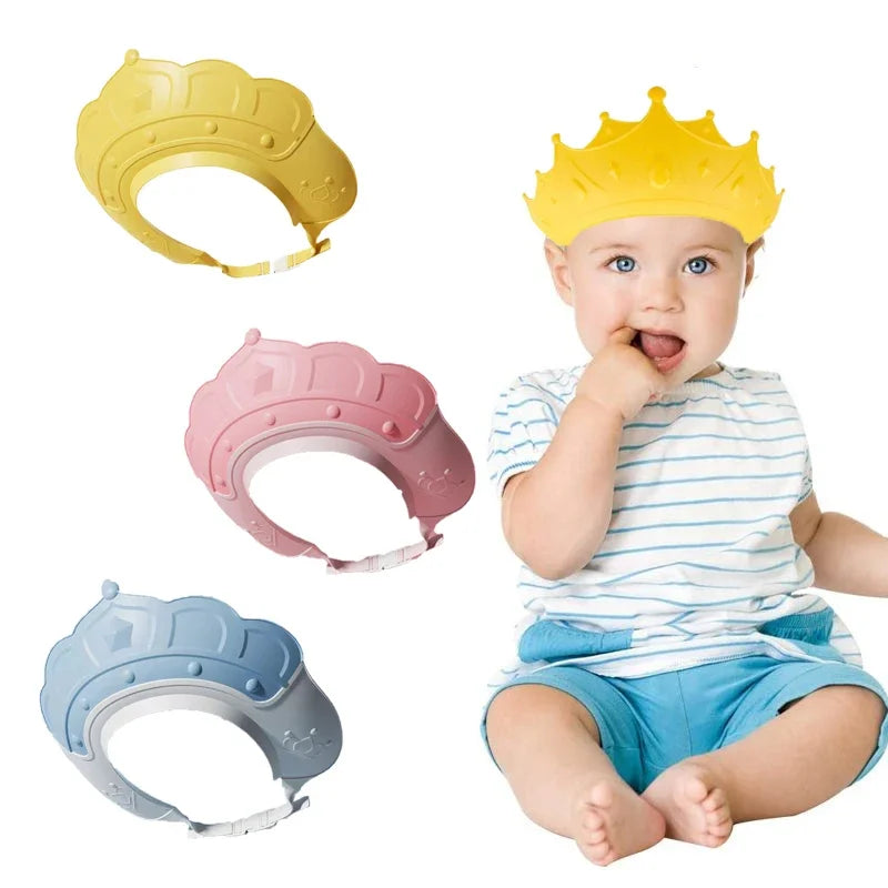 A baby is shown interacting with various colored silicone bath shampoo shield caps for ear protection.