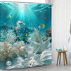 Ocean life shower curtain featuring a vibrant coral reef and seahorse design under blue water.