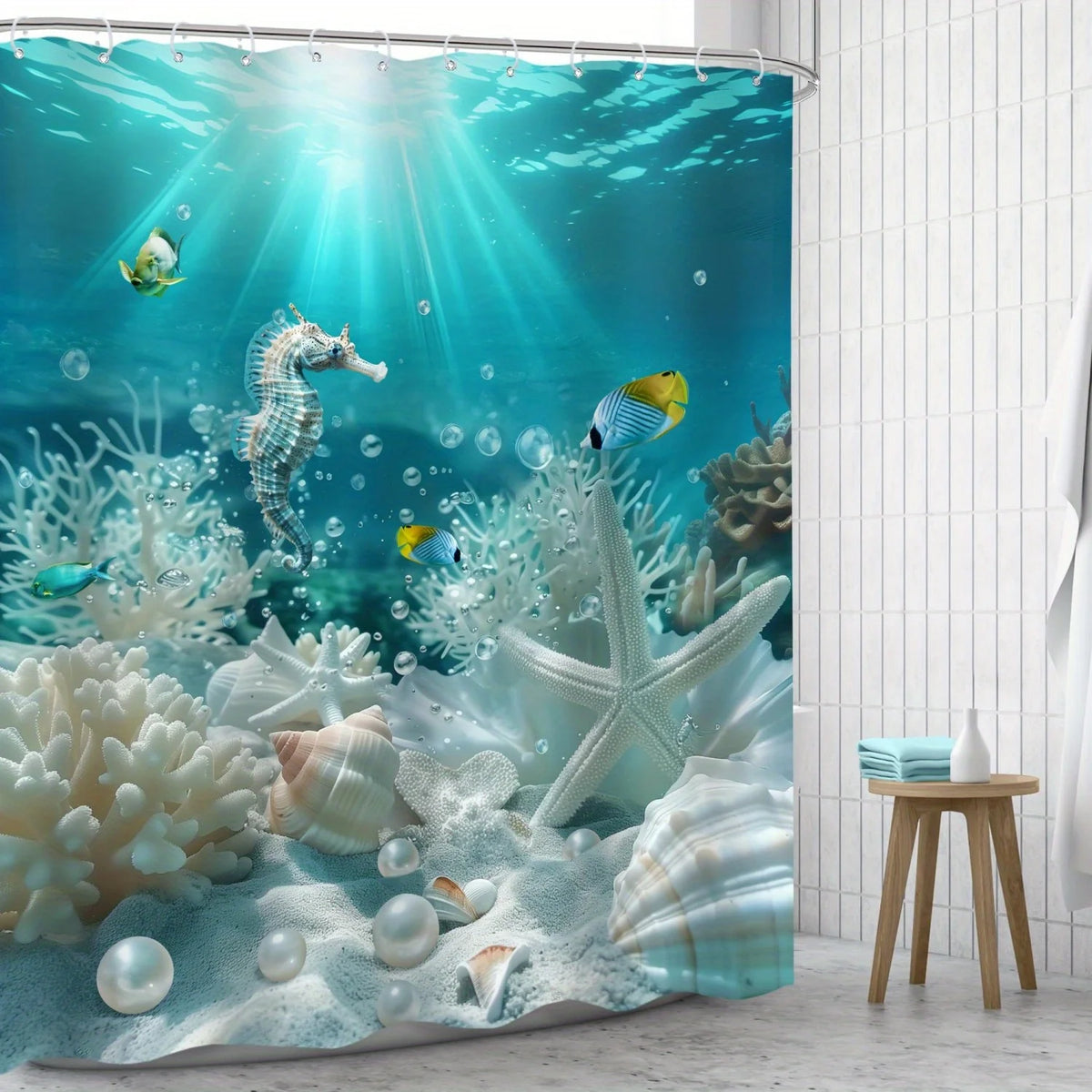 Ocean life shower curtain featuring a vibrant coral reef and seahorse design under blue water.