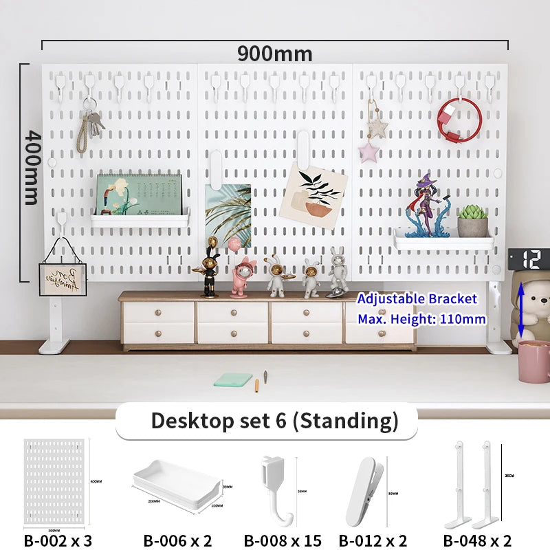 A white desktop pegboard organizer set featuring hooks, shelves, and various accessories for organization.