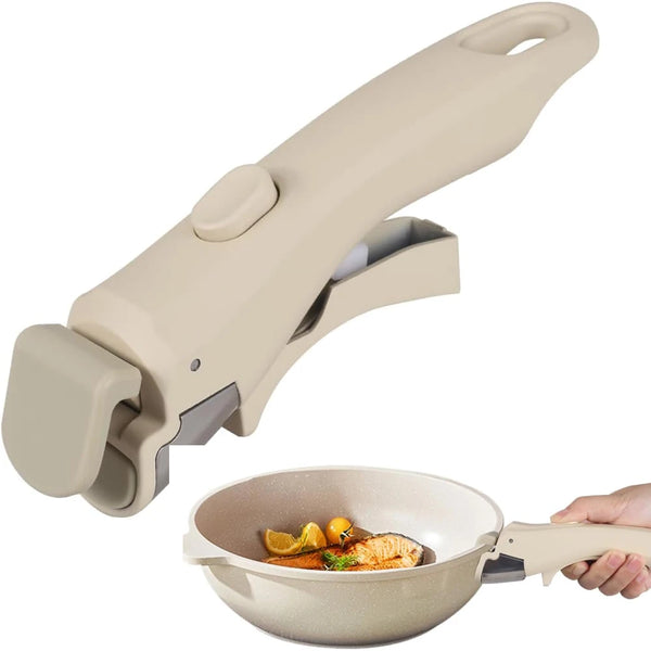 Beige abnehmbarer Antihaft-Topfgriff neben einem Kochtopf.