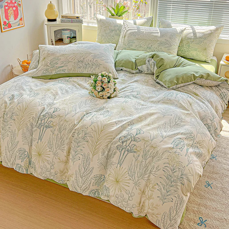 A floral duvet cover set featuring light green and white patterns with matching pillows on a bed.