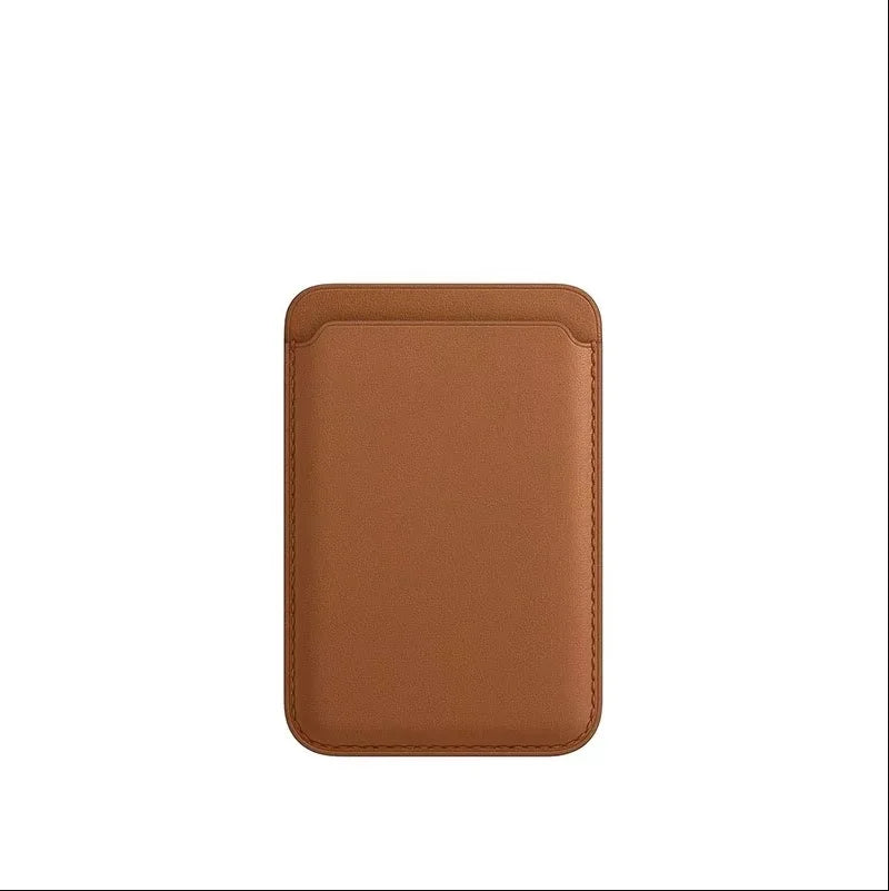 A brown leather wallet case with MagSafe compatibility.