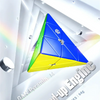 A blue, green, and yellow magnetic speed cube pyramid is shown in a 3D perspective.