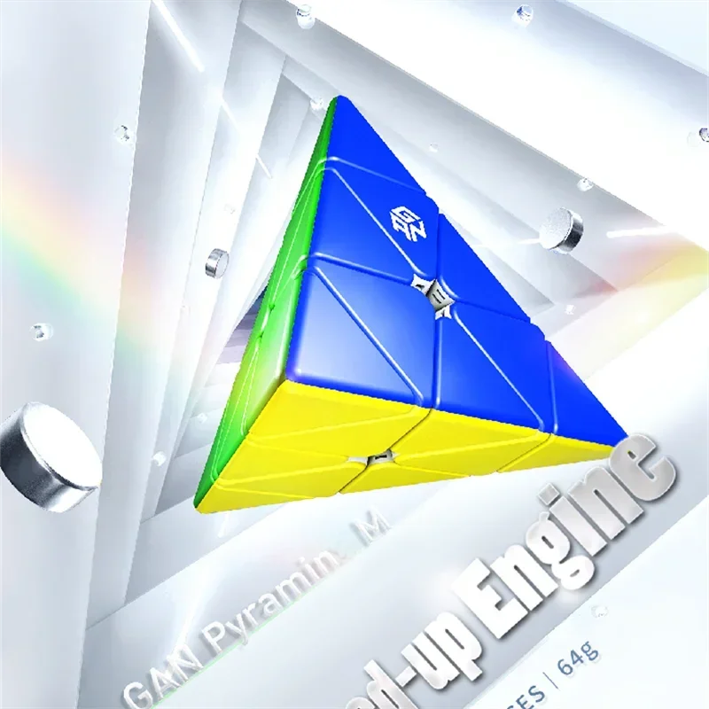 A blue, green, and yellow magnetic speed cube pyramid is shown in a 3D perspective.