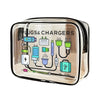 A clear plastic zipper tote containing various electronic plugs and chargers for travel and organization.